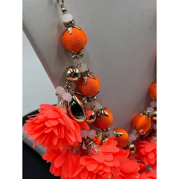 Lilly Pulitzer Tangero Orange Fabric Dangle Flowers Pink Beaded Long Necklace‎ - Picture 8 of 12
